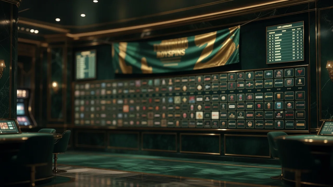 Royspins casino lobby showing an active tournament banner, live leaderboard sidebar and a game grid with 3800+ titles