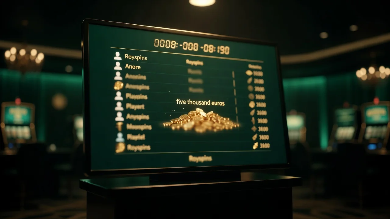 Royspins live tournament leaderboard showing a countdown timer, ranked players with gold prizes and a five thousand euro prize pool